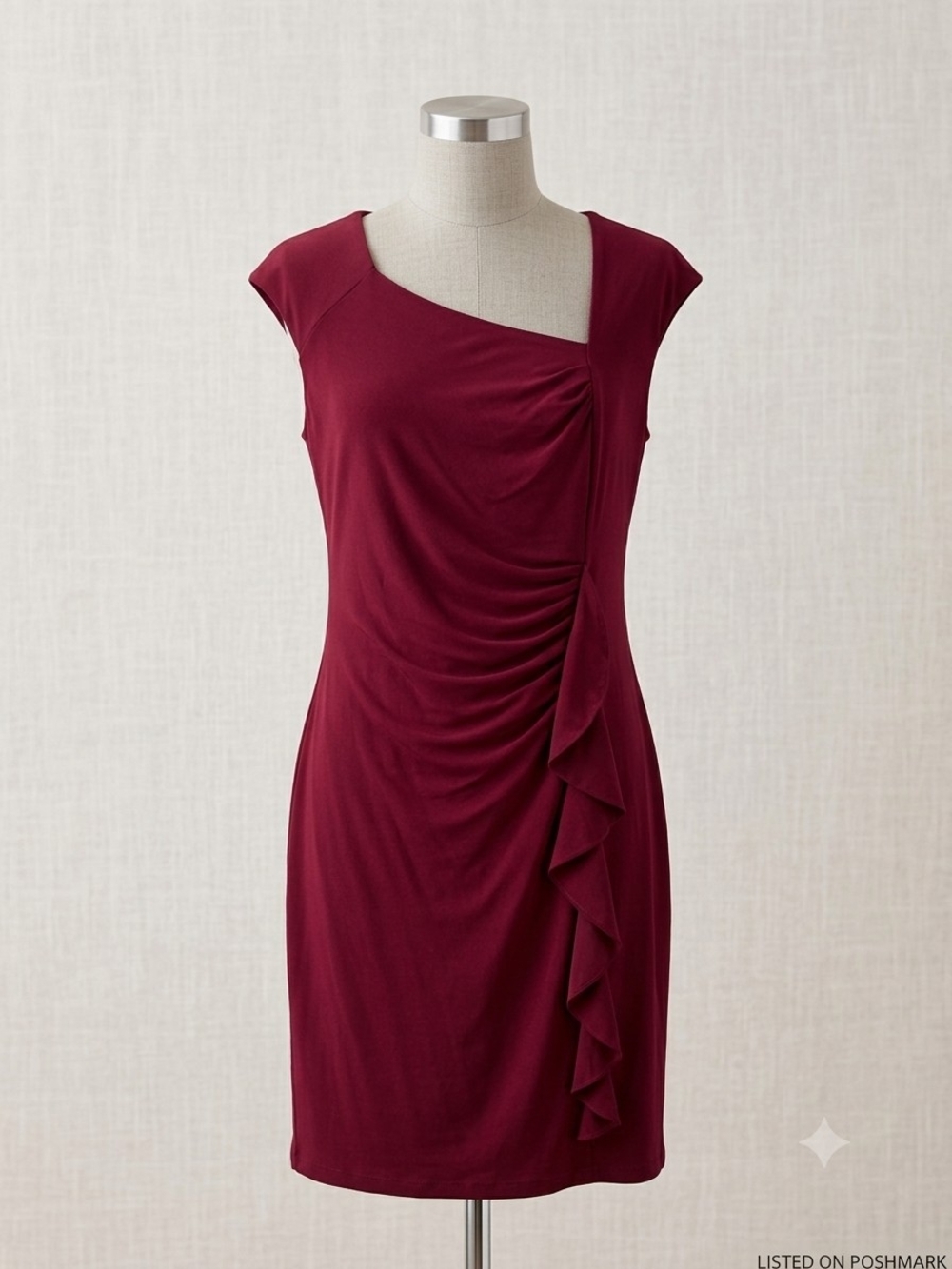 Elegant Burgundy Ruched Cap-Sleeve Dress